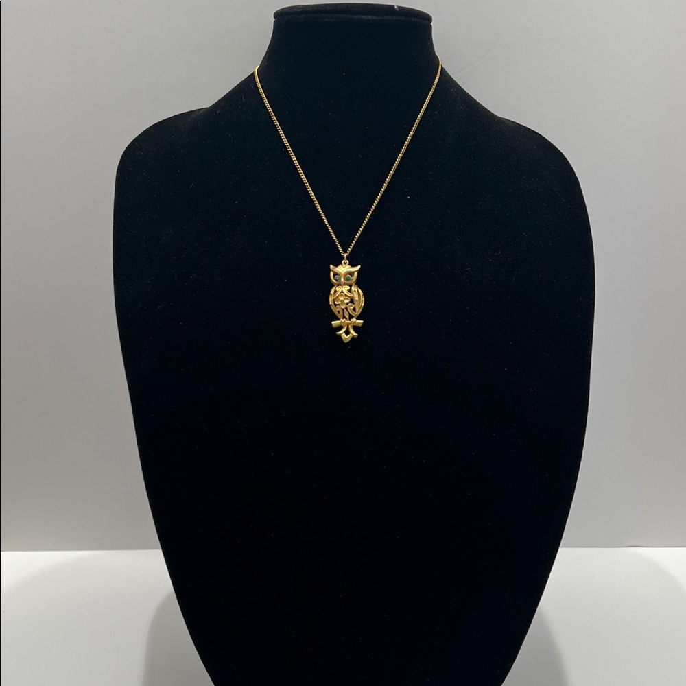 Vintage Goldtone Owl pendant with green rhinestone eyes very well loved romantic